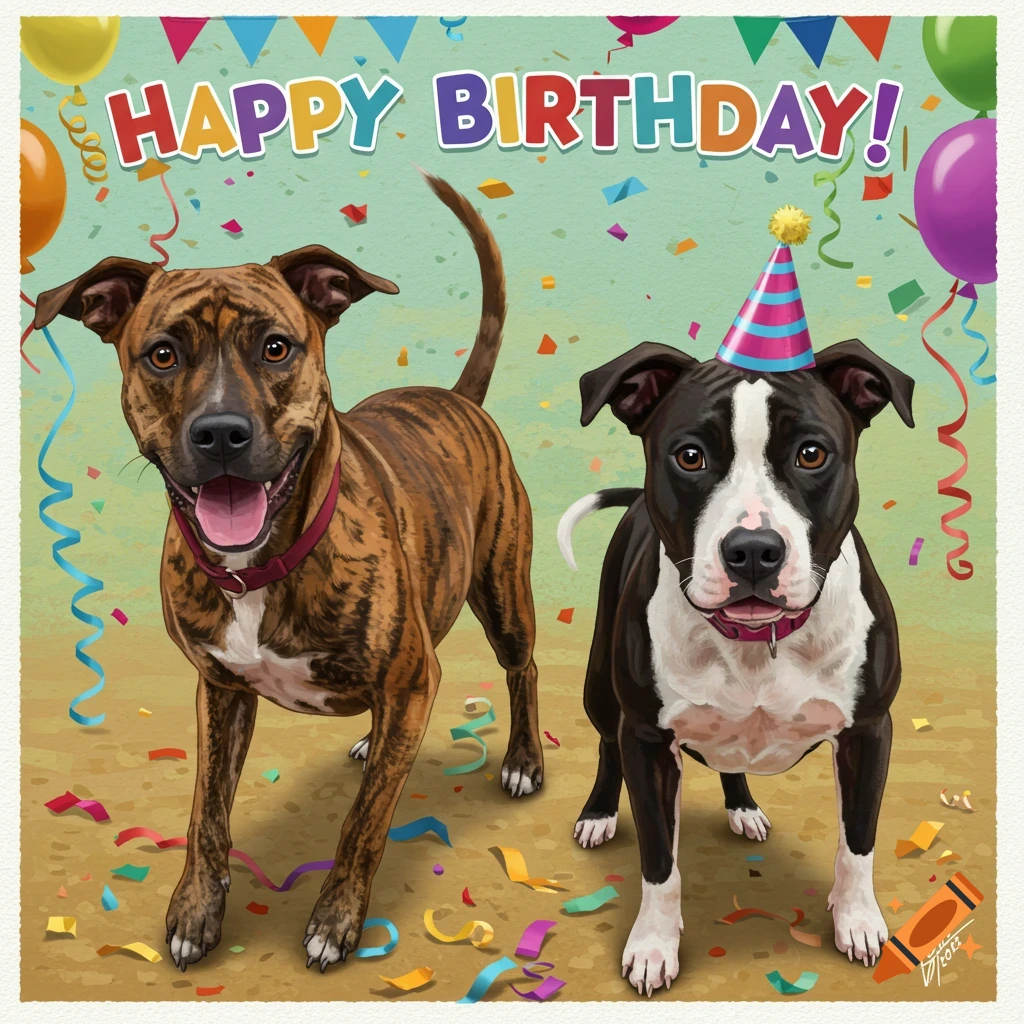 Two dogs at a birthday party with confetti, balloons, and "Happy Birthday!" text.