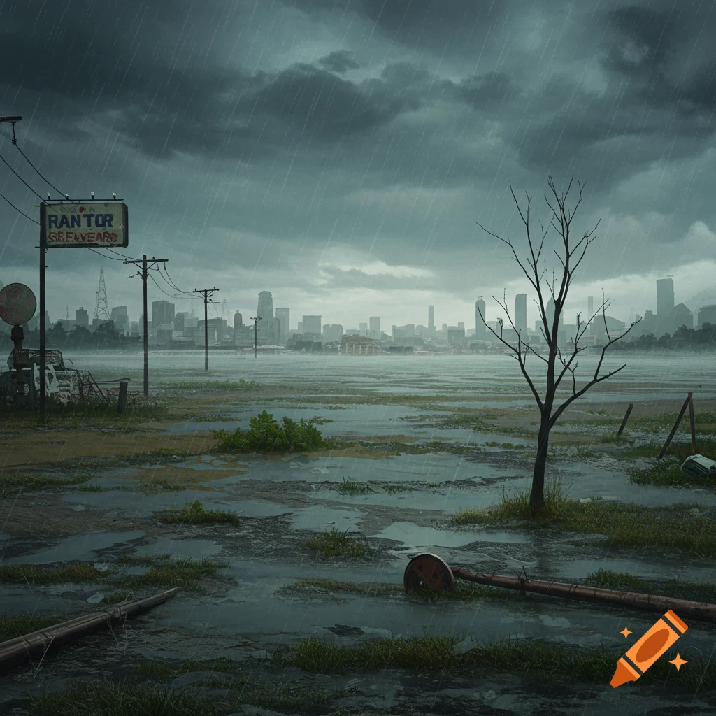 Rainy landscape with city skyline, sign, and bare tree.