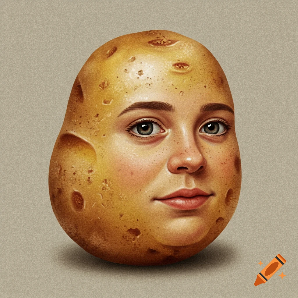 A photorealistic image of a potato with a human face.