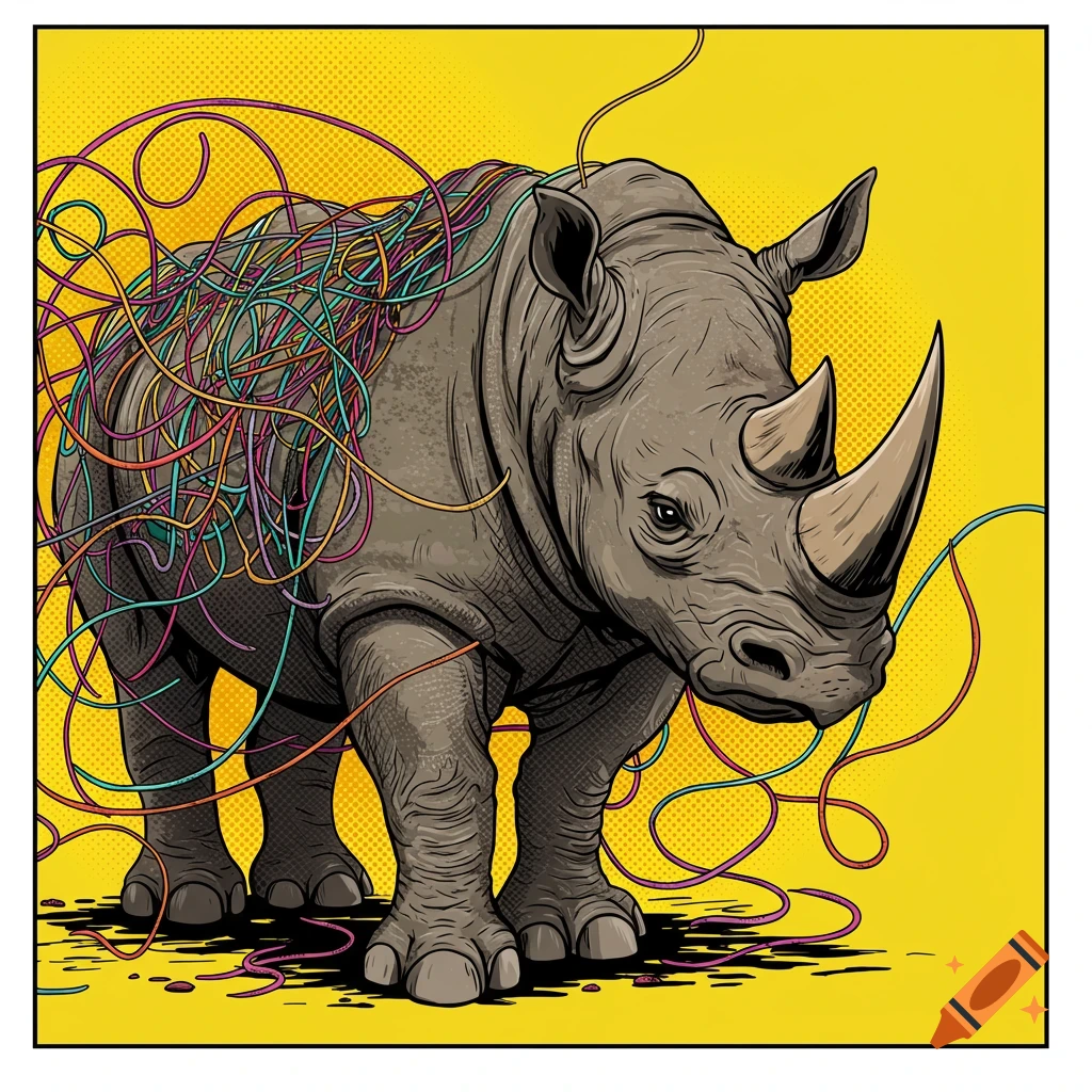 Pop art illustration of a rhino tangled in colorful yarn on a yellow background.