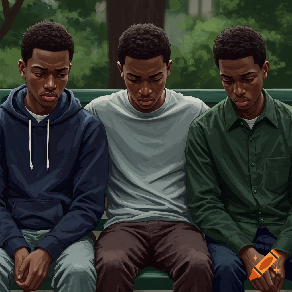 Three young Black men sitting on a park bench, looking down sadly.