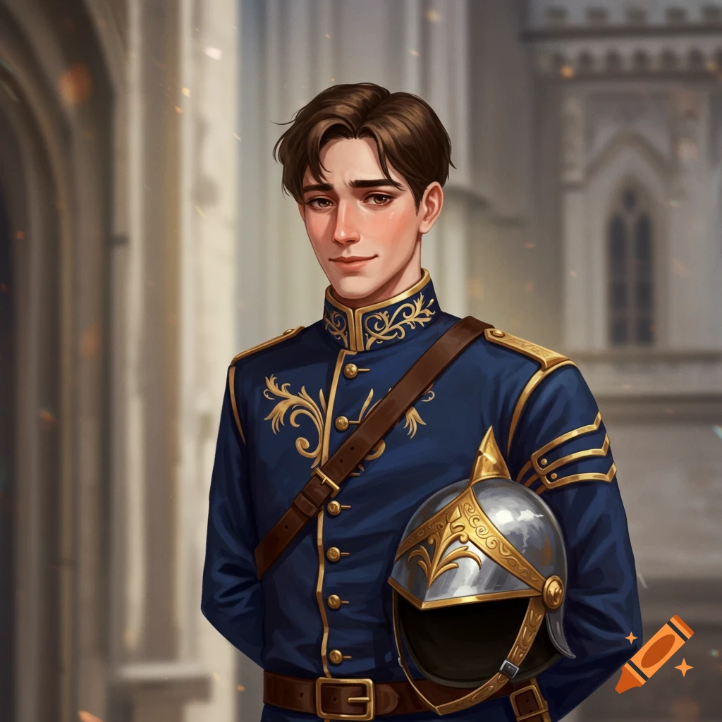 Illustration of a young man in a detailed blue and gold military uniform, holding a helmet, standing outside a building.