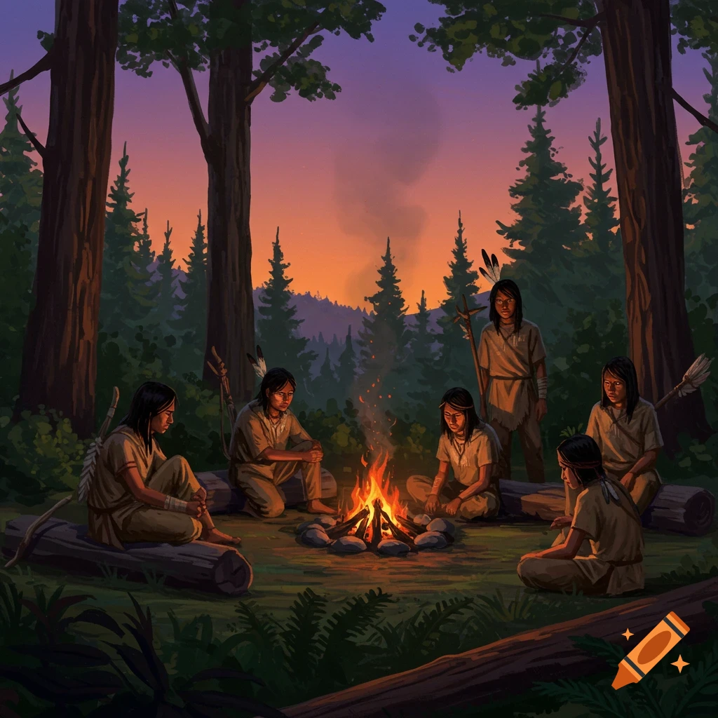 Indigenous people sit around a campfire in a forest at sunset.