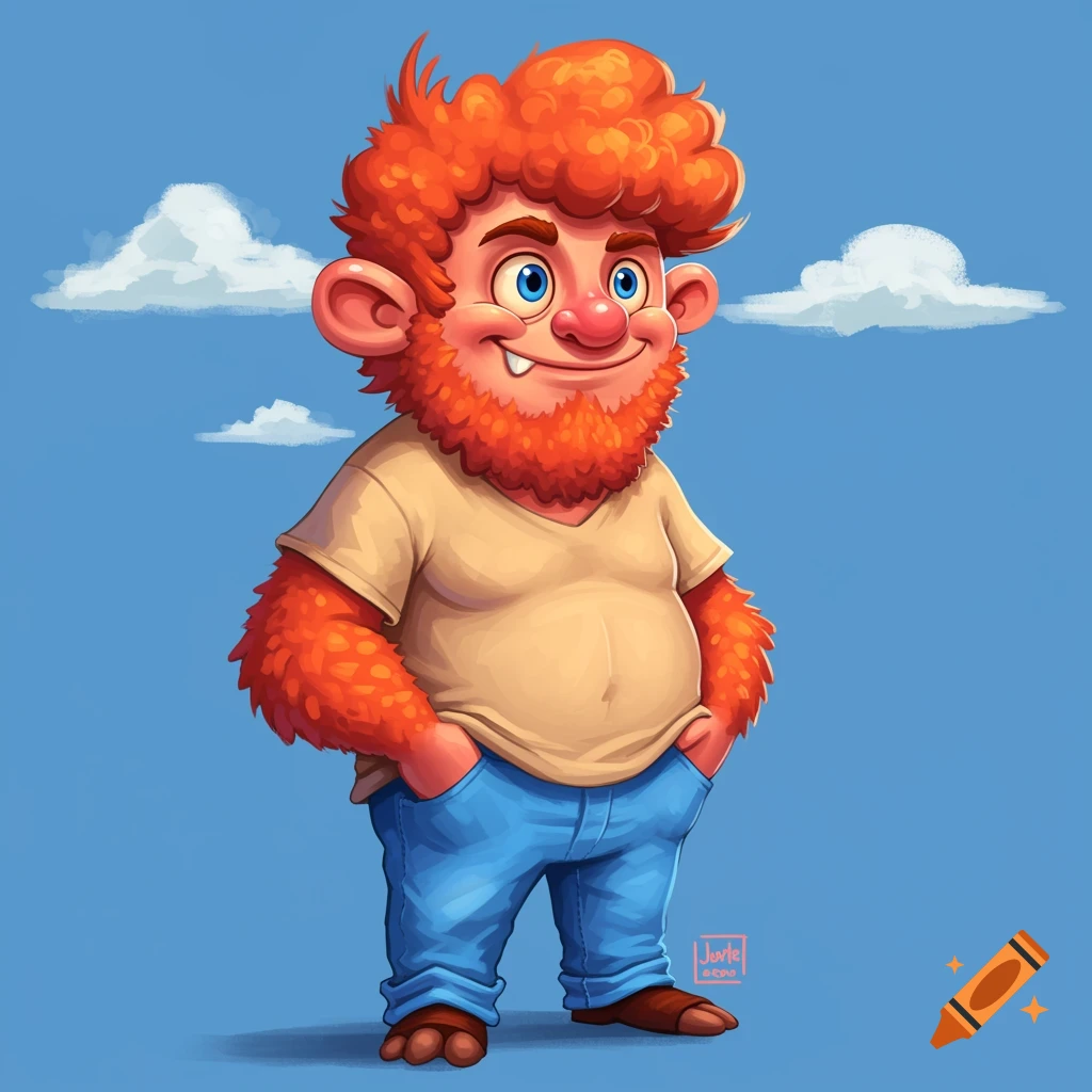 Cartoon orange furry character with red hair and beard wearing a t-shirt and jeans.