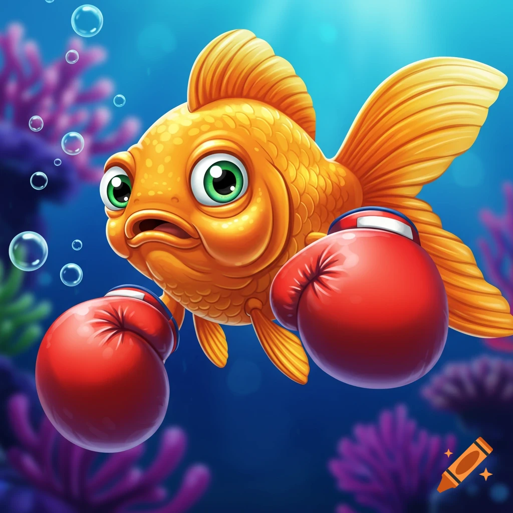Cartoon goldfish wearing red boxing gloves underwater.