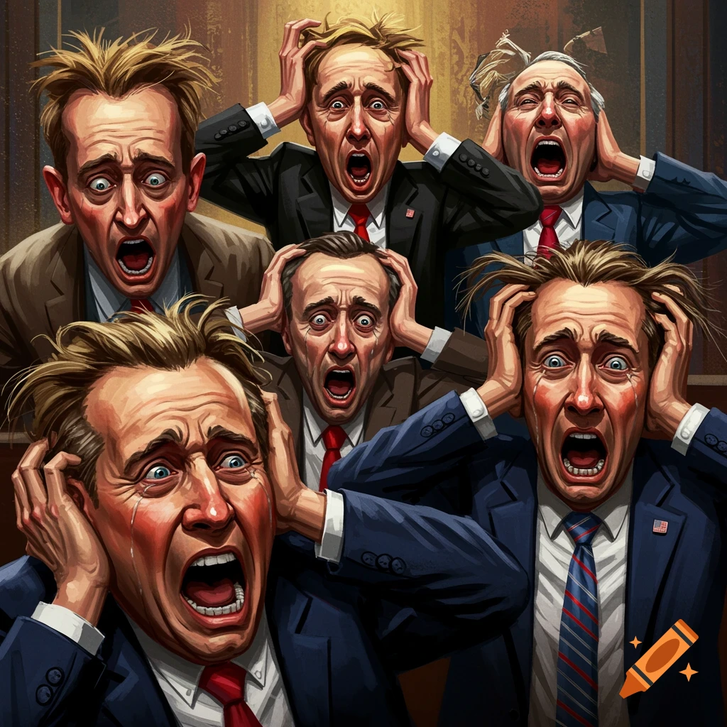 Illustration of multiple men in suits screaming in terror and holding their heads.