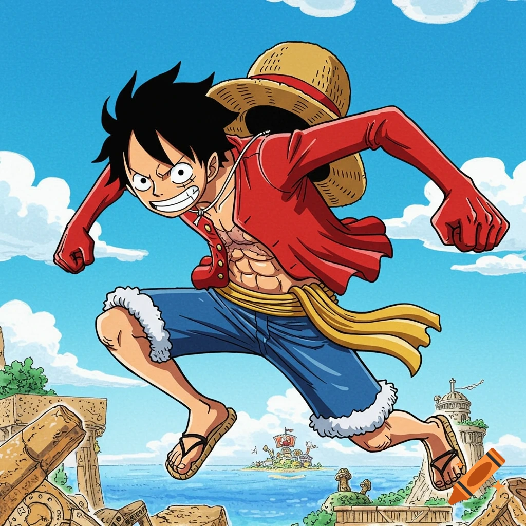 Luffy from One Piece jumps over ruins with an island and ocean in the background. Anime style.