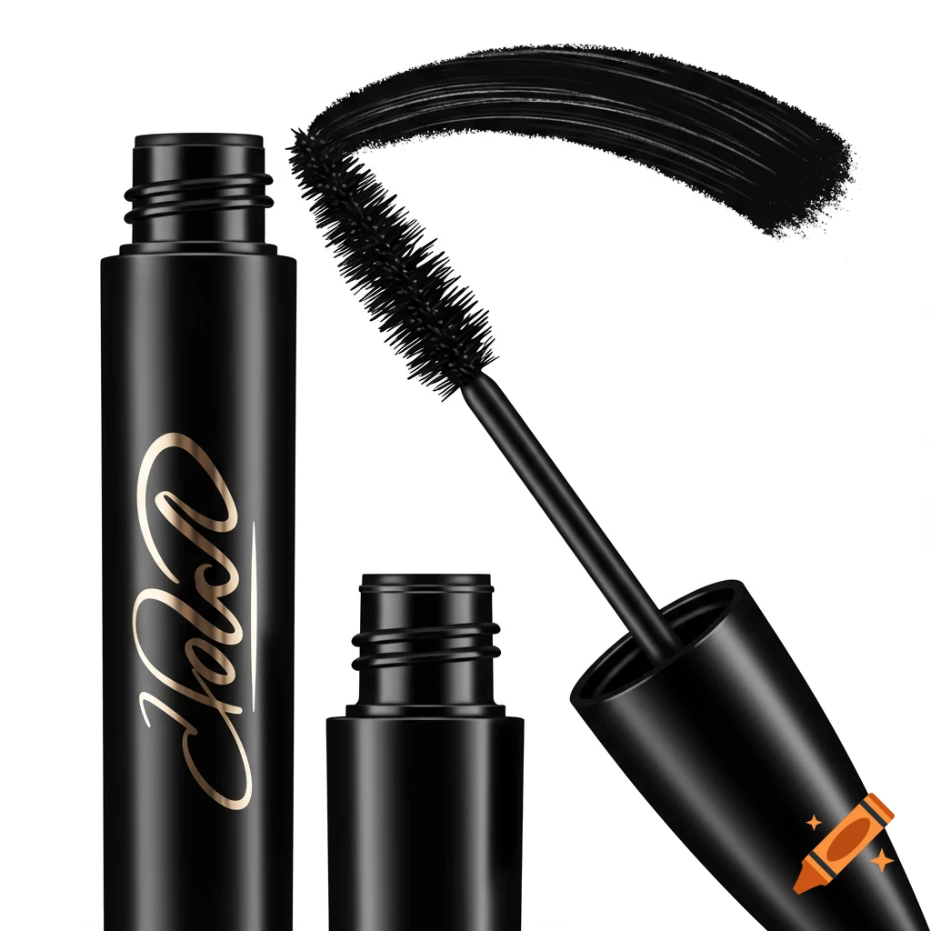 A black mascara tube, wand with product, and swatch against white background.