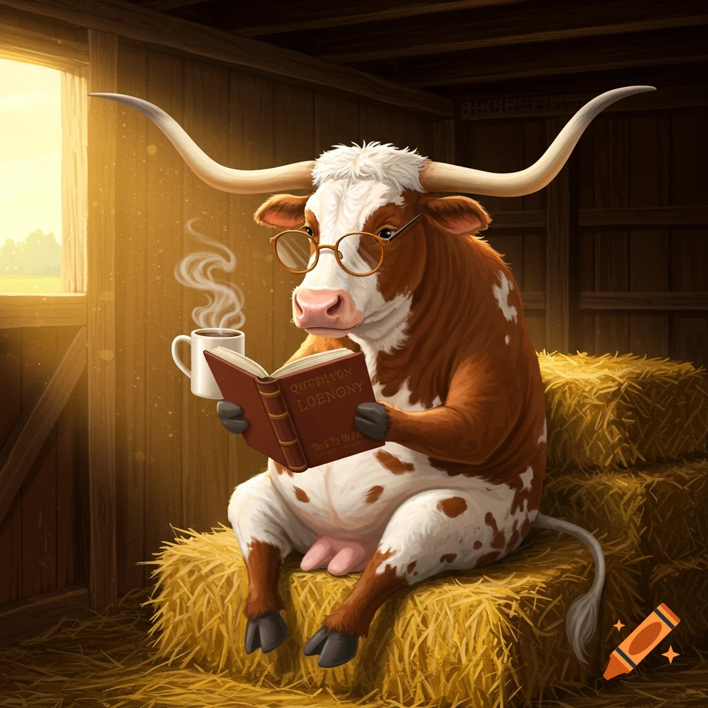 A longhorn cow wearing glasses sits on hay bales in a barn, reading a book and drinking coffee.