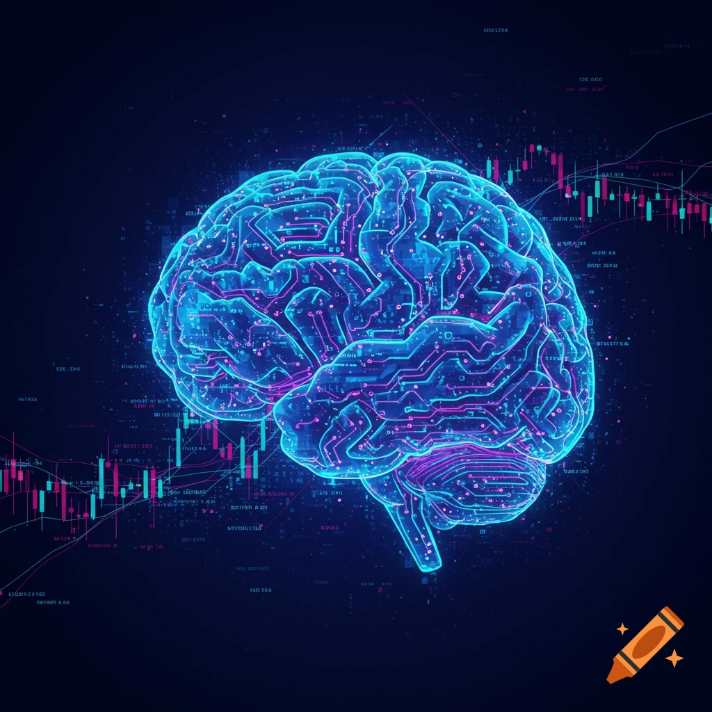 A glowing circuit board brain with financial data charts in the background.