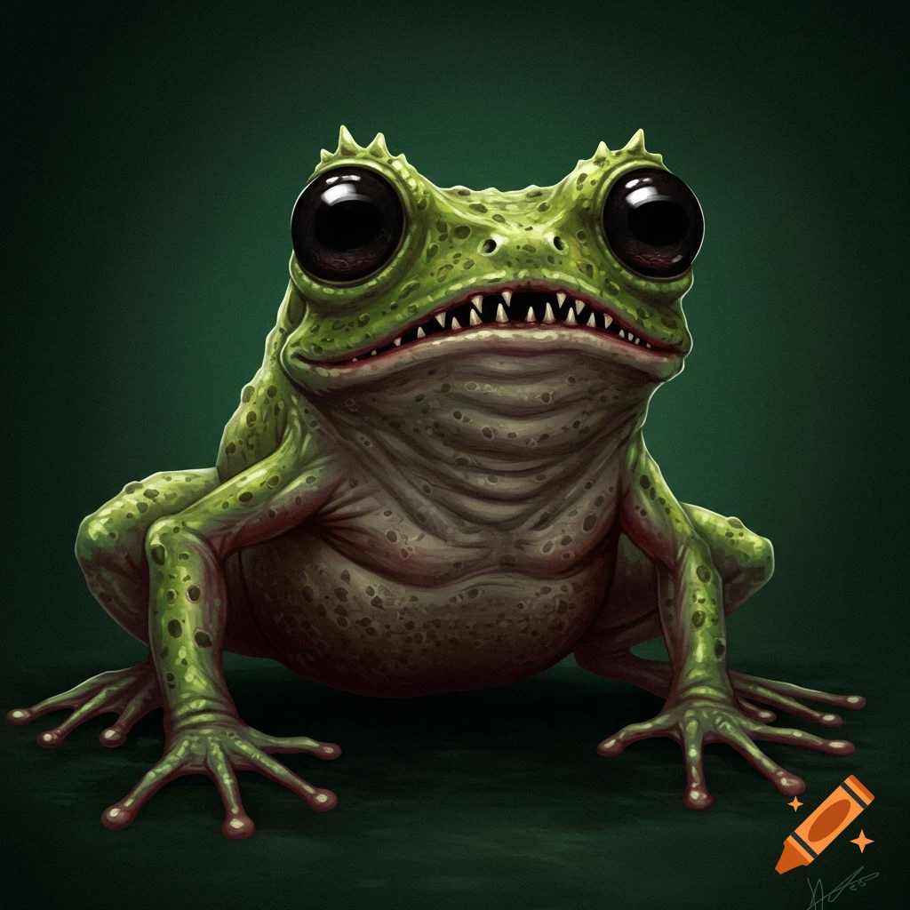 Illustration of a green frog with large black eyes and sharp teeth.