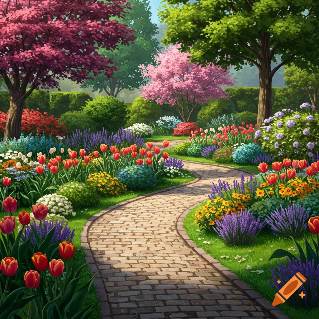 A winding stone path meanders through a vibrant garden filled with colorful flowers and trees.