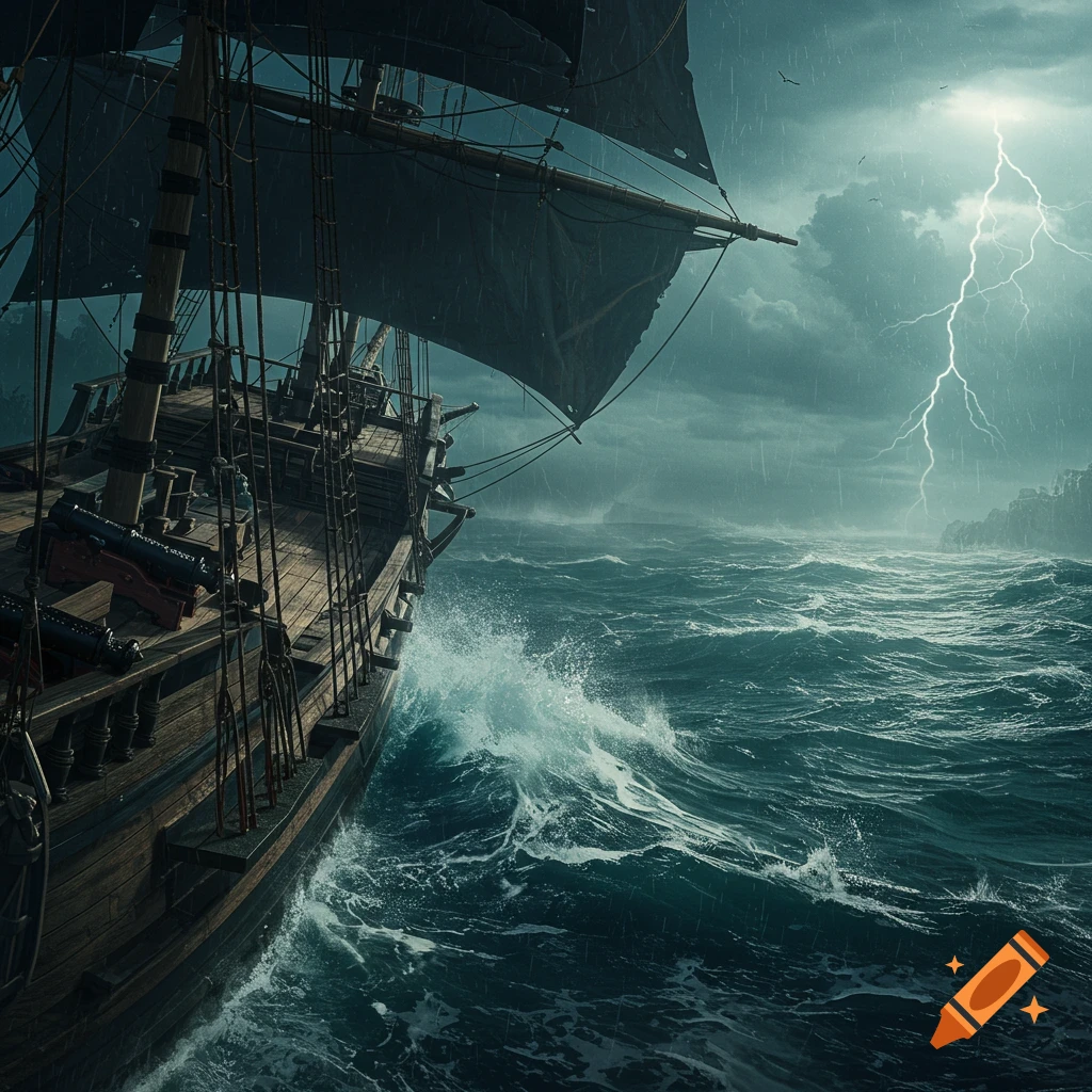 A pirate ship sails through a stormy sea with large waves and lightning.