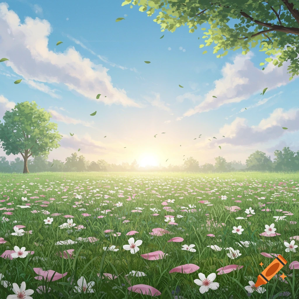 A sunny landscape illustration of a field of flowers with a tree, clouds, and falling leaves.