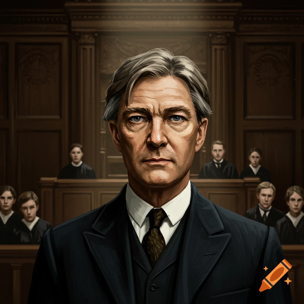 Portrait of a stern man in a suit standing in a courtroom, with blurred figures seated in the background.