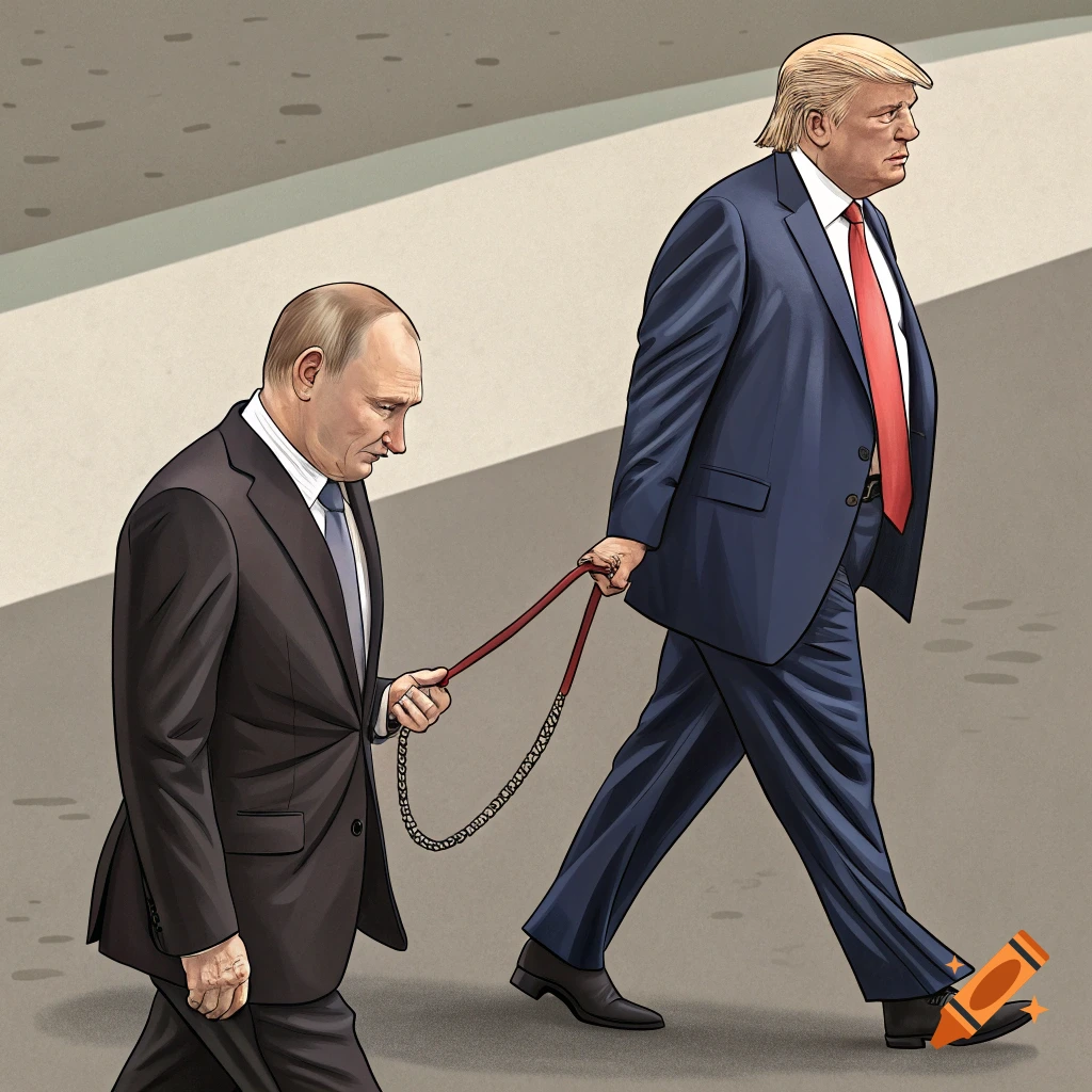 Illustration of Donald Trump walking, holding a leash attached to Vladimir Putin's neck.