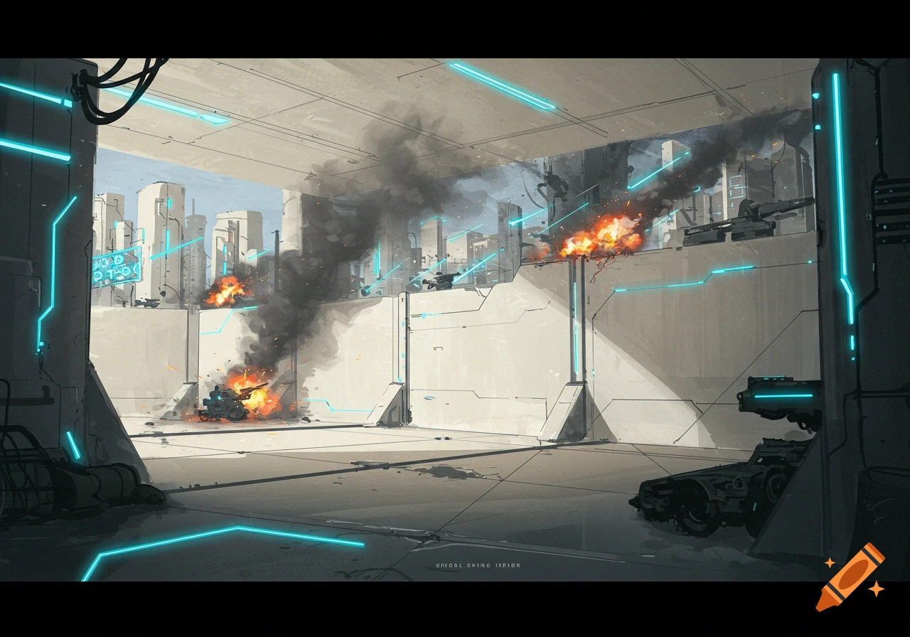 A futuristic city is under attack, with smoke and explosions visible during a battle.