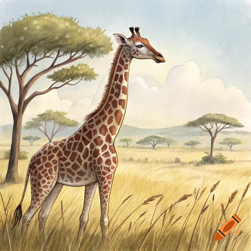 Illustration of a giraffe standing in a sunny savanna landscape