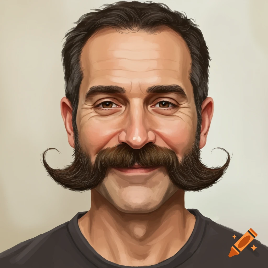 An illustration of a man with a large, curled mustache.