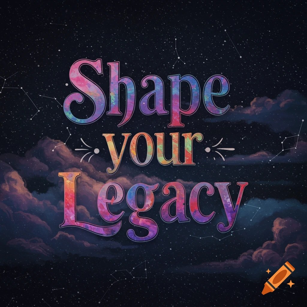 Colorful text 'Shape your legacy' on a starry night sky background with clouds.