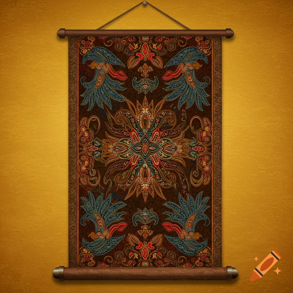 Hanging scroll with a detailed Indonesian batik pattern