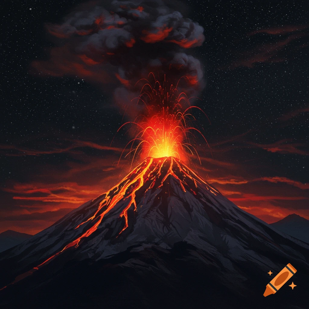An erupting volcano at night with lava flowing down its sides, under a starry sky.