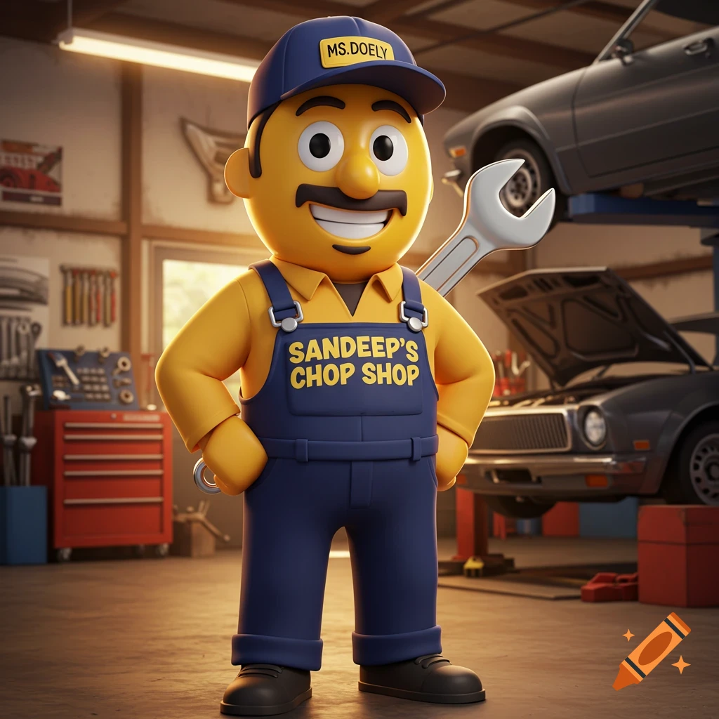 A cartoon character resembling an emoji is dressed as a mechanic in a garage, holding a wrench.