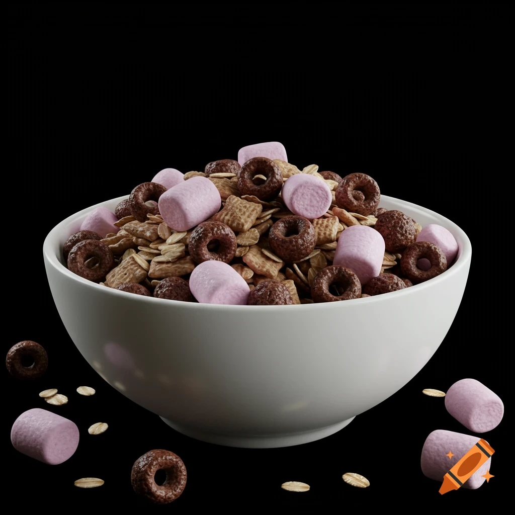 A white bowl filled with cereal, oats, chocolate rings, and pink marshmallows on a black background.