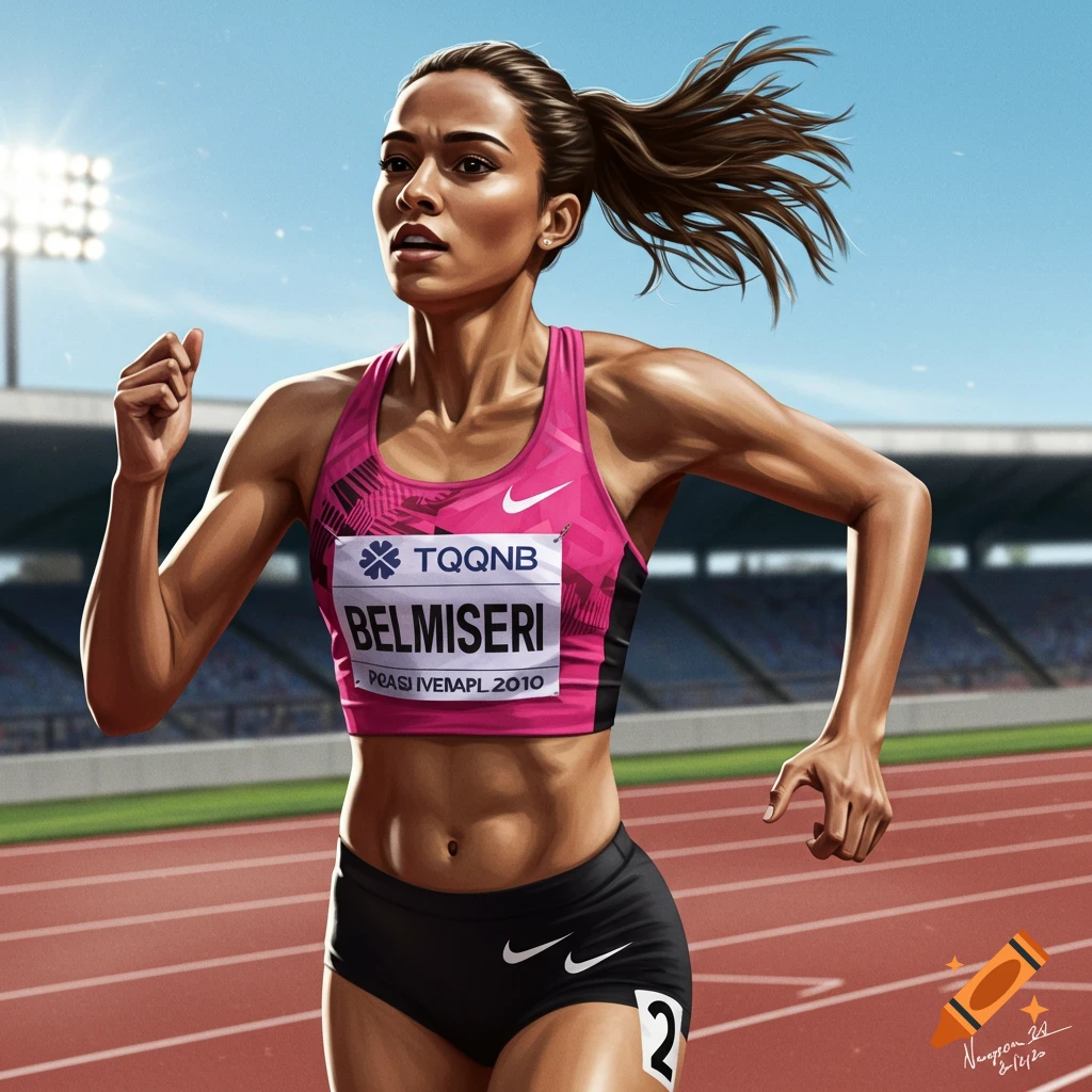 Female track athlete running on a stadium track.