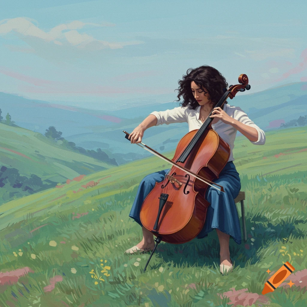 Woman plays a cello in a sunny, grassy field with rolling hills in the background, painted in a stylized manner.