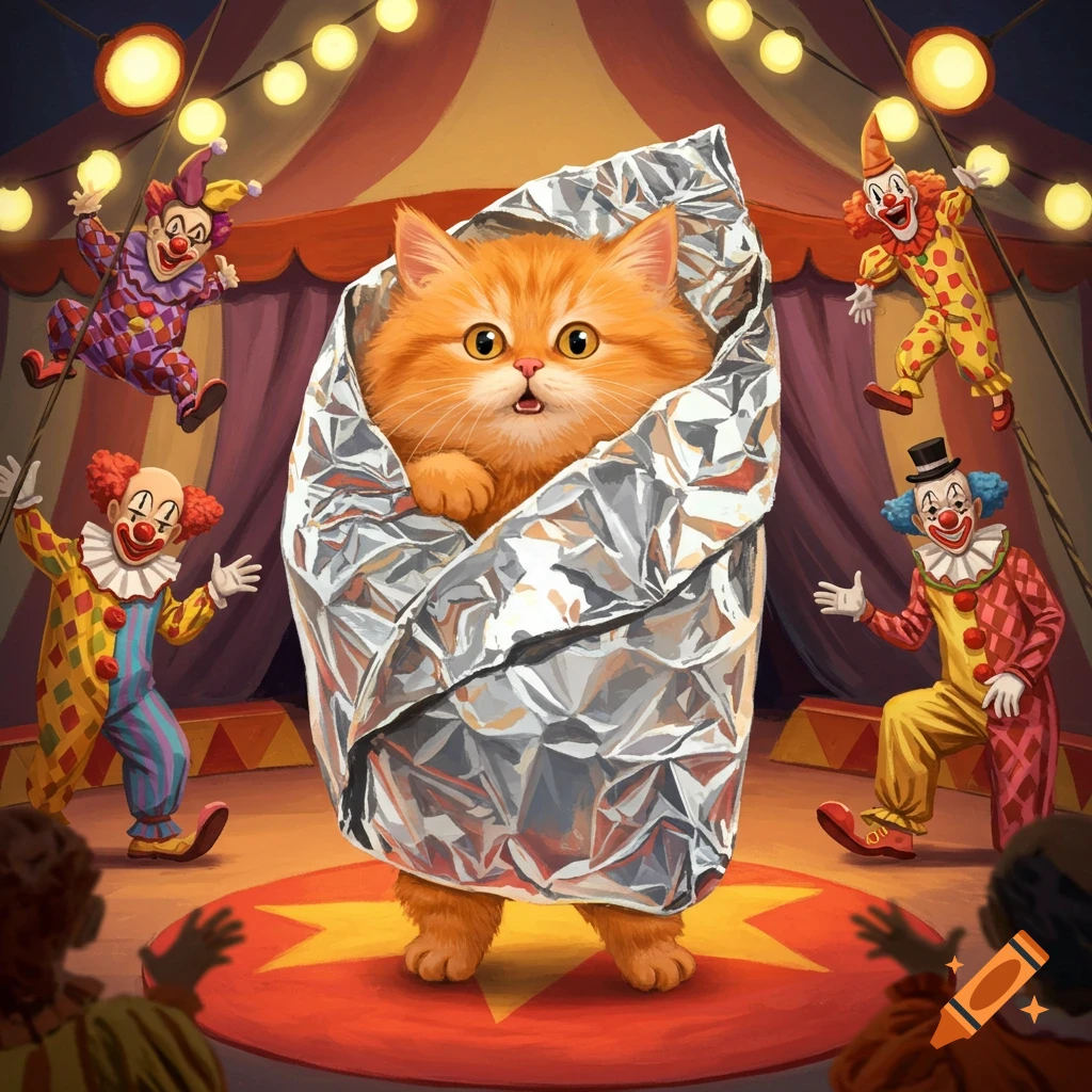A cute orange cat wrapped in foil like a burrito stands in a circus ring, surrounded by clowns.