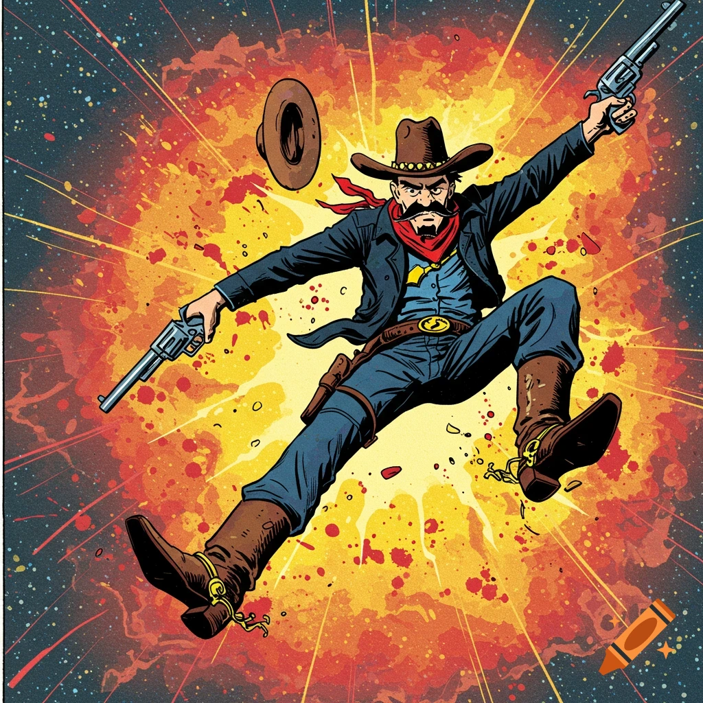 Comic book style drawing of a cowboy jumping and shooting guns with an explosion behind him.