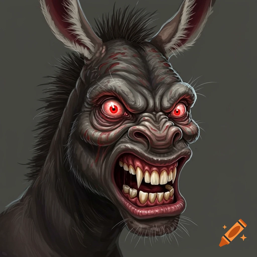 Close-up illustration of an ugly, angry donkey face with bright red eyes and sharp teeth.