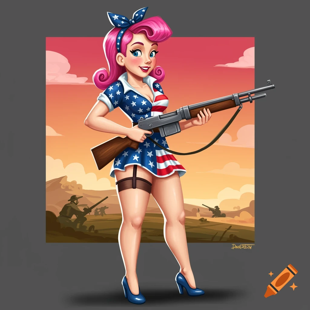 A cartoon pin-up woman in a US flag dress holds a rifle with soldiers in the background.