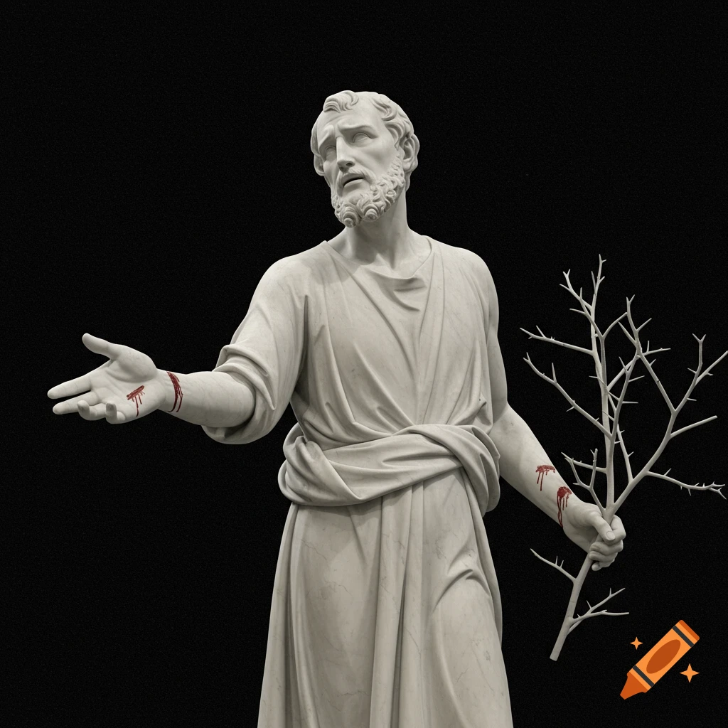 Marble statue of a robed man with wounds on his hands, holding a thorny branch.
