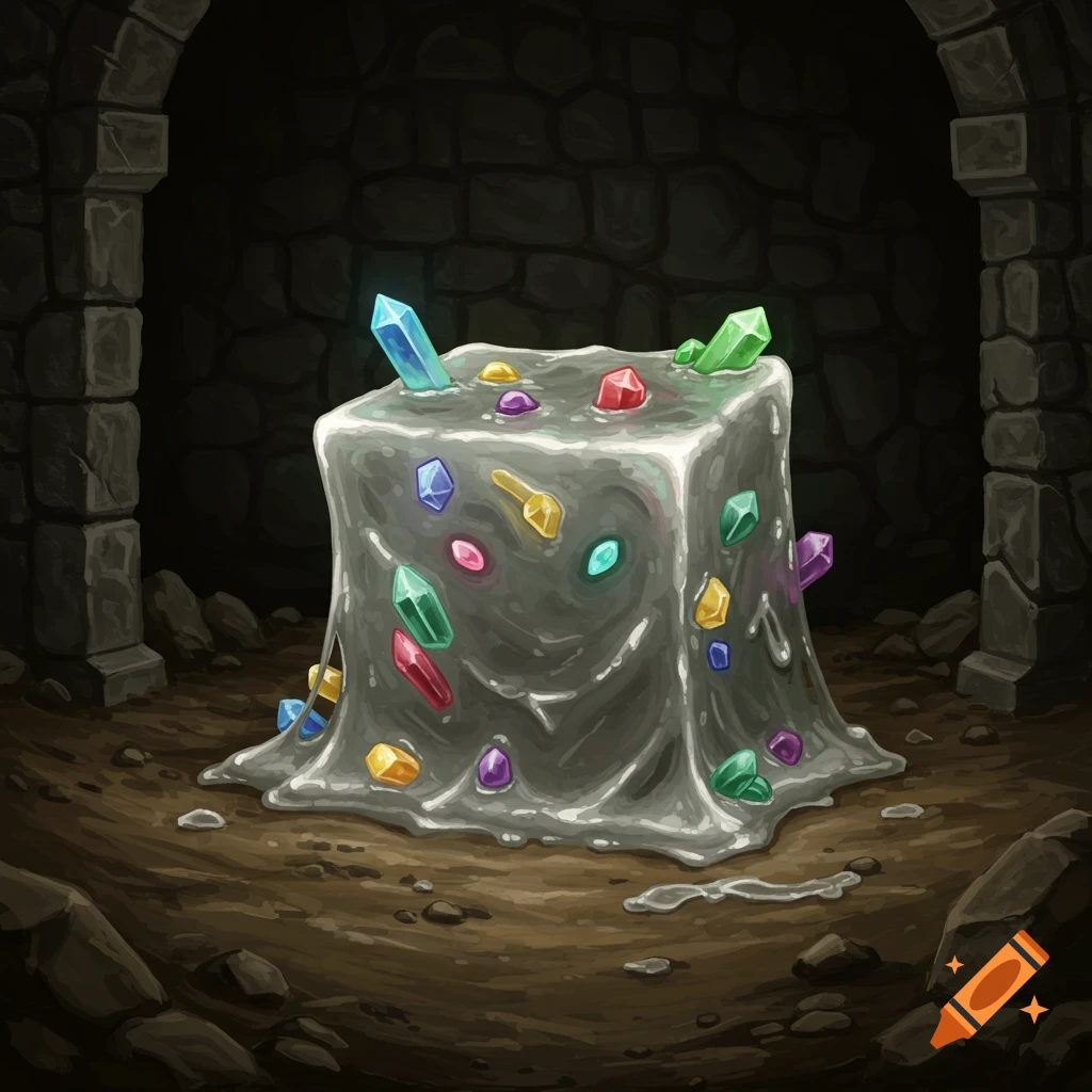 A cube-shaped gray ooze monster filled with colorful crystals sits in a dark stone cavern. Digital illustration.