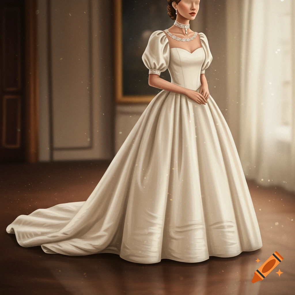 A woman in an elegant white ballgown stands in a formal room