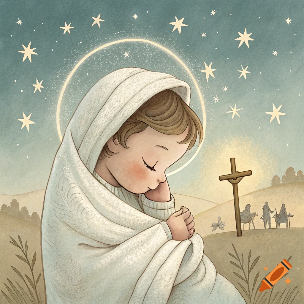 Illustration of a baby with a halo wrapped in white under a starry sky with a cross and figures in the background.