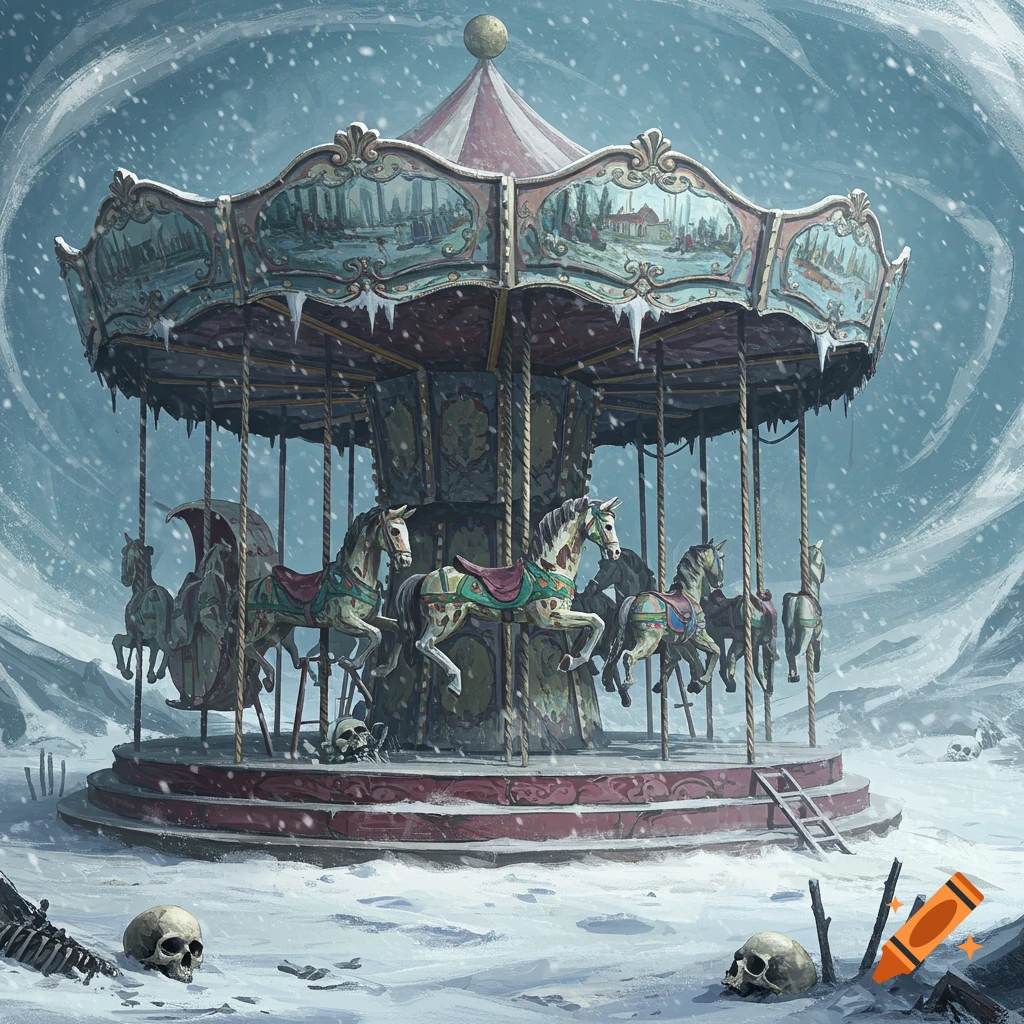 Creepy carousel in a snowy landscape surrounded by skulls, illustration style.