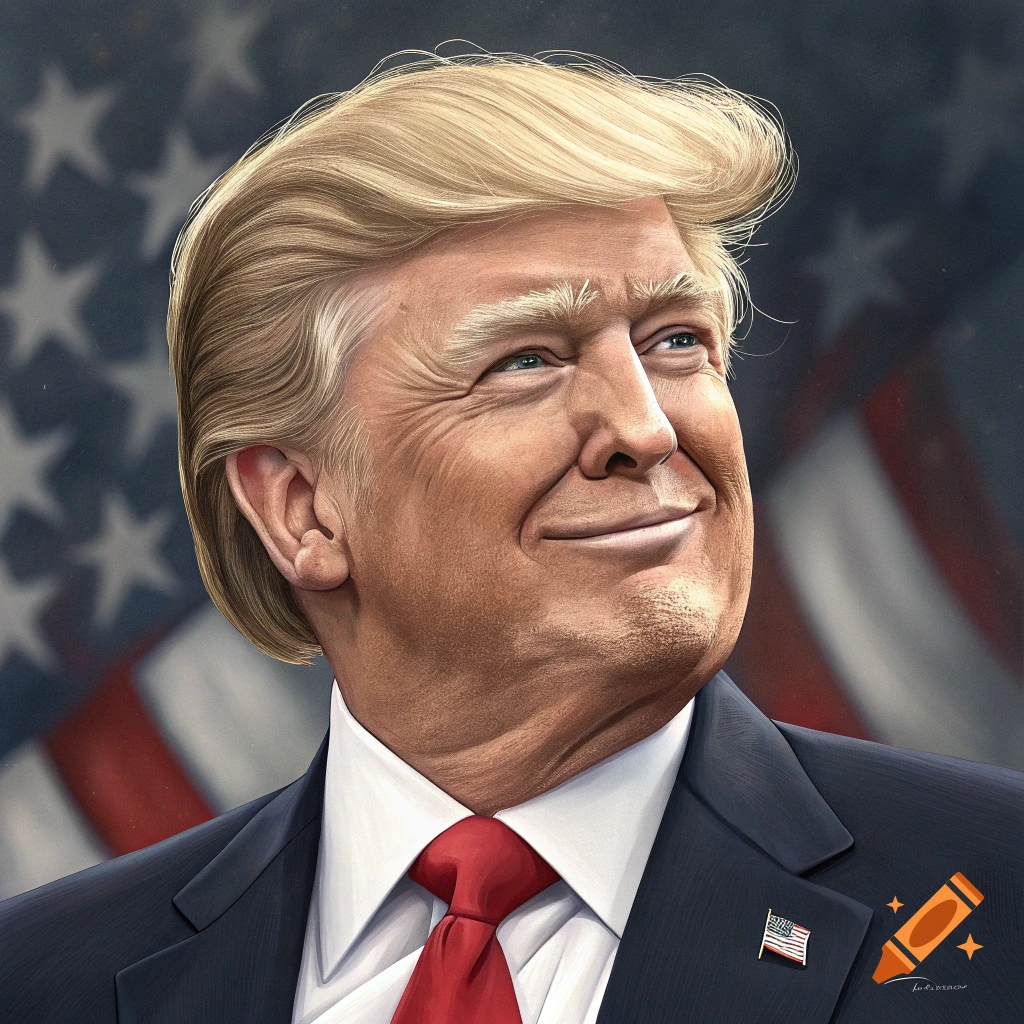 Portrait of Donald Trump against an American flag background in a painterly style.