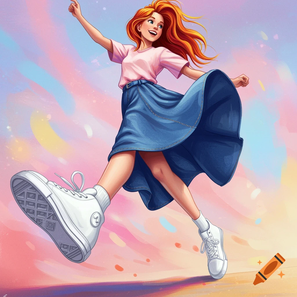 Vibrant illustration of a girl with red hair in a pink shirt, blue skirt, and white sneakers leaping against a colorful sky.