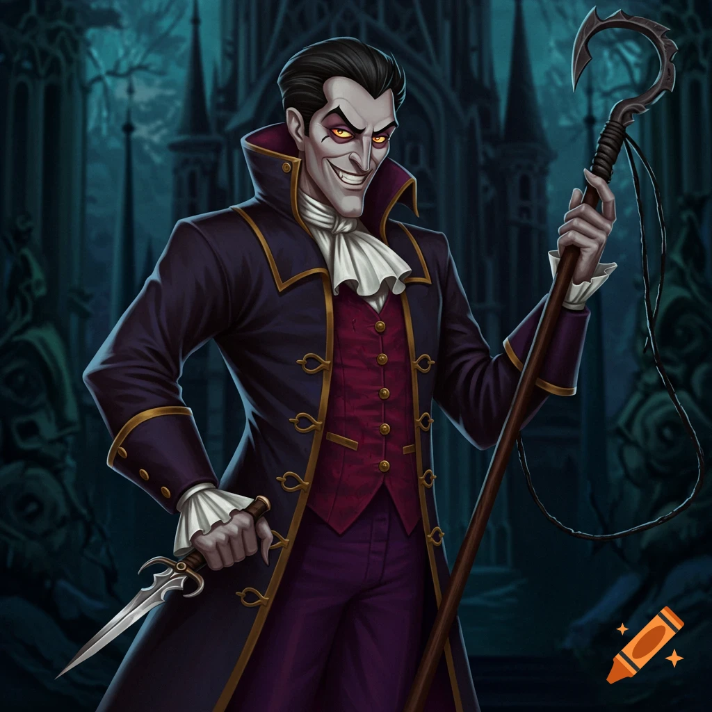 A stylized illustration of a pale villain character in a dark coat, holding a staff and dagger.