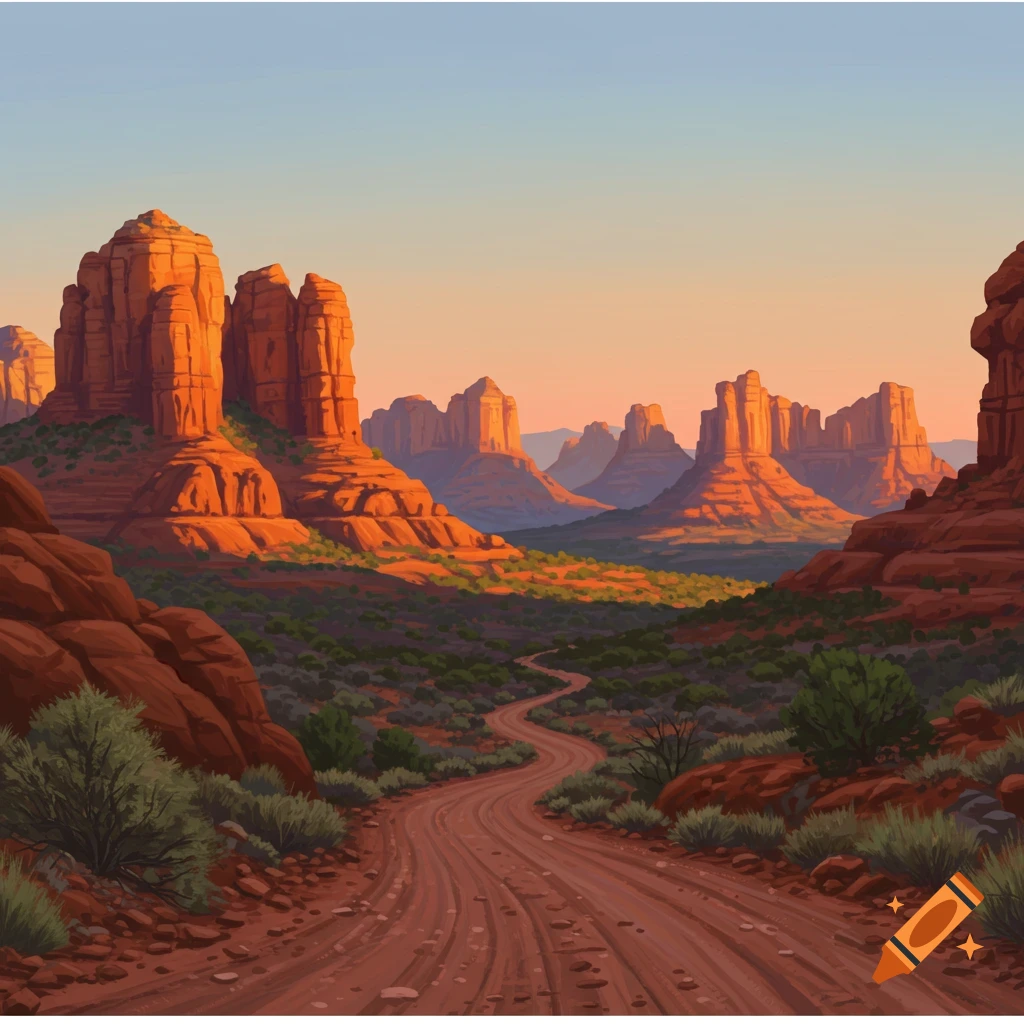 A painted desert landscape with red rock buttes, a winding dirt road, and green vegetation under a sunset sky.
