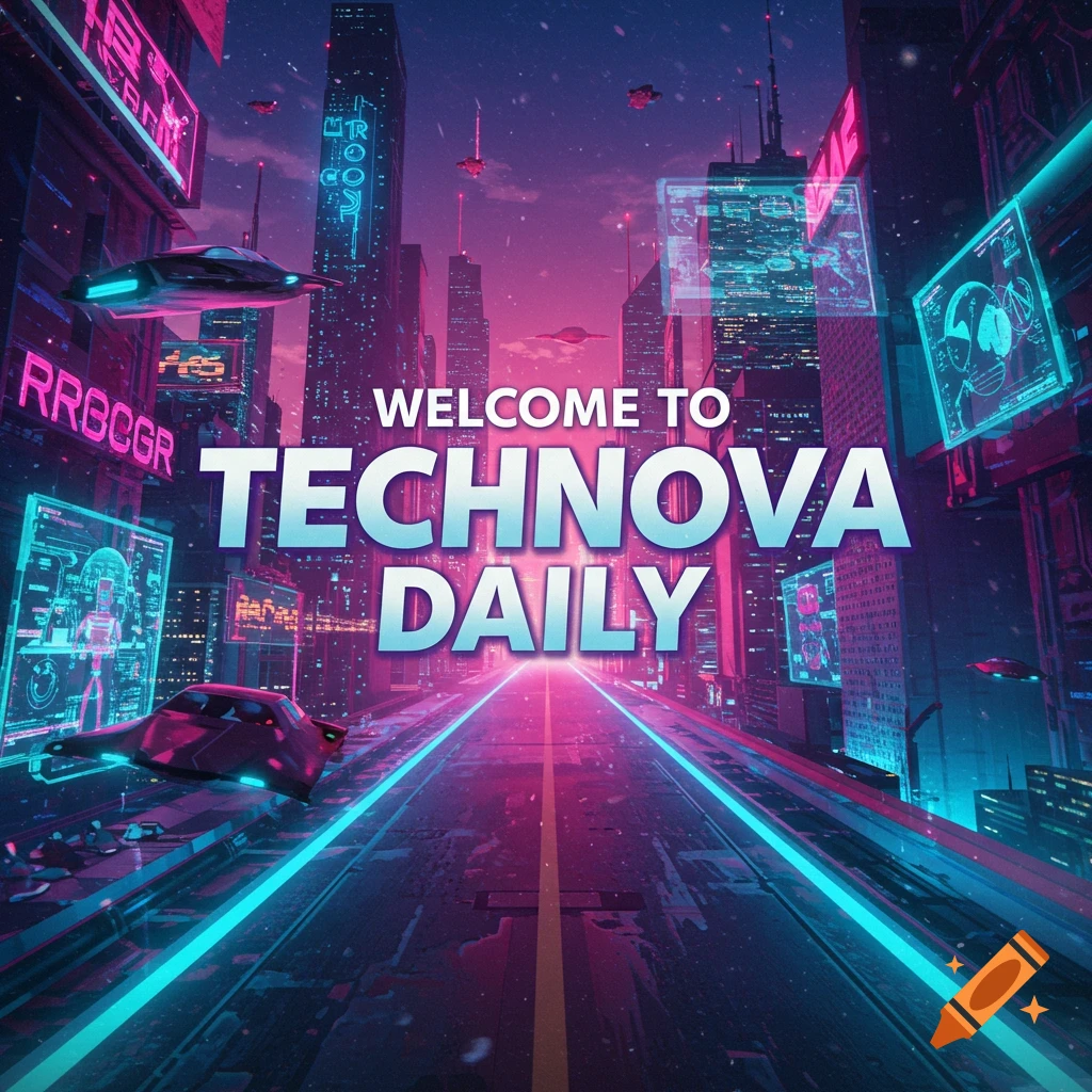 Futuristic cityscape at night with neon lights and flying vehicles, featuring the text 'WELCOME TO TECHNOVA DAILY'.