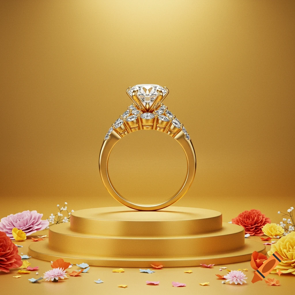 A diamond ring on a golden podium with colorful flowers and confetti on a gold background.
