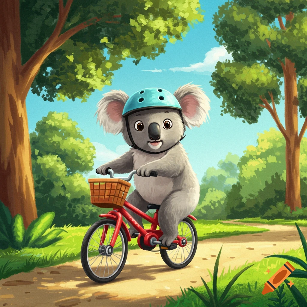 A cute cartoon koala wearing a blue helmet rides a red bicycle down a forest path.