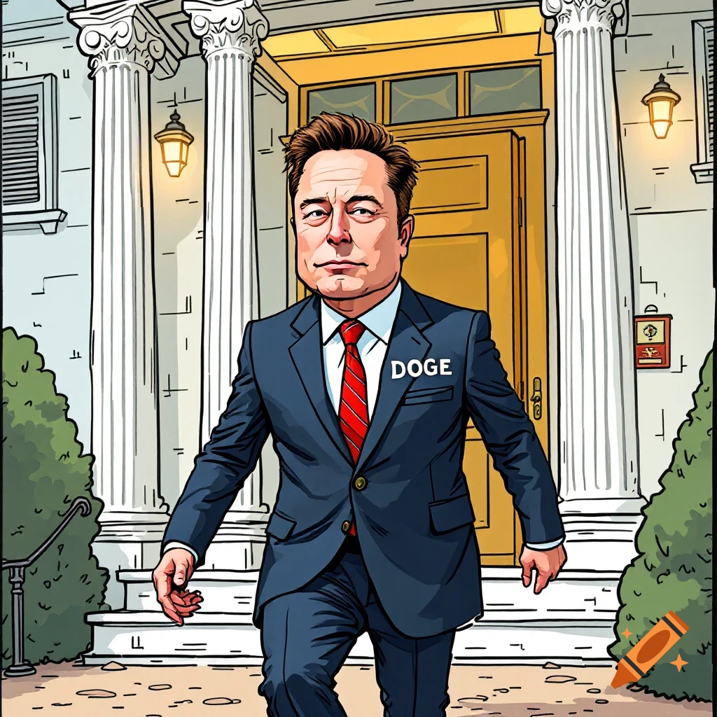 Cartoon illustration of Elon Musk leaving a building resembling the White House, wearing a suit with 'DOGE' written on it.