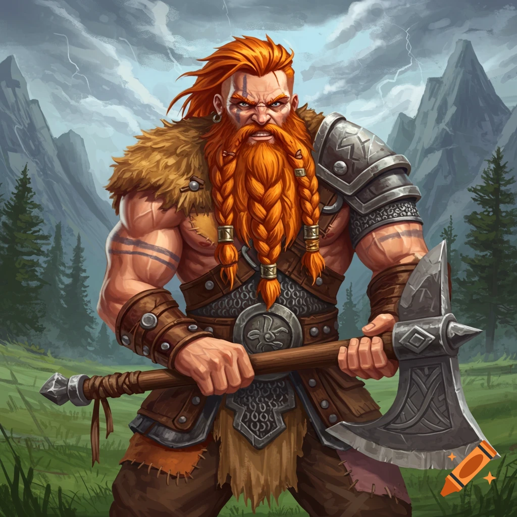 Illustration of a fearsome ginger barbarian with a braided beard and axe standing in a mountain landscape.