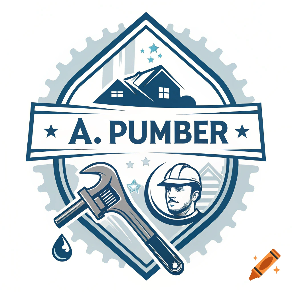 Logo for A. Pumber featuring text, a wrench, houses, and a person in a hard hat.