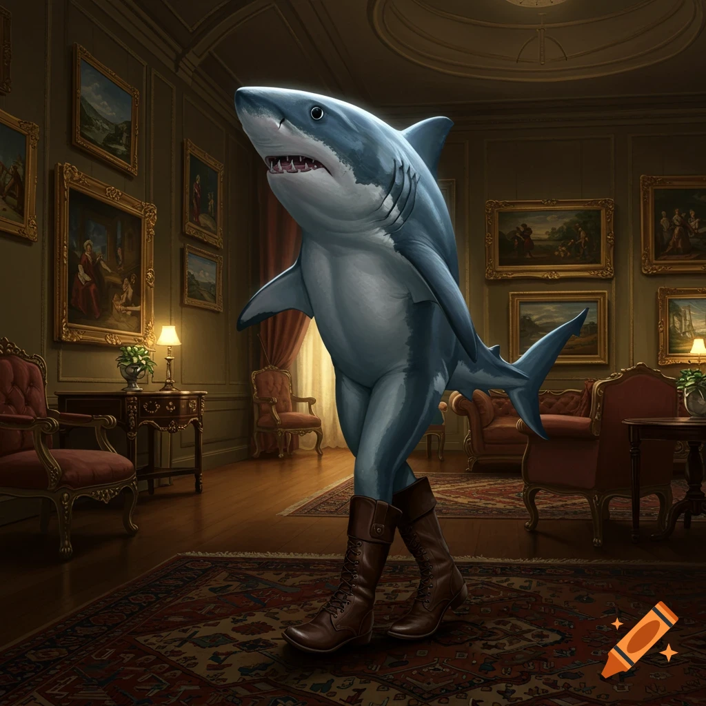 A shark wearing boots stands upright in a grand room filled with paintings.